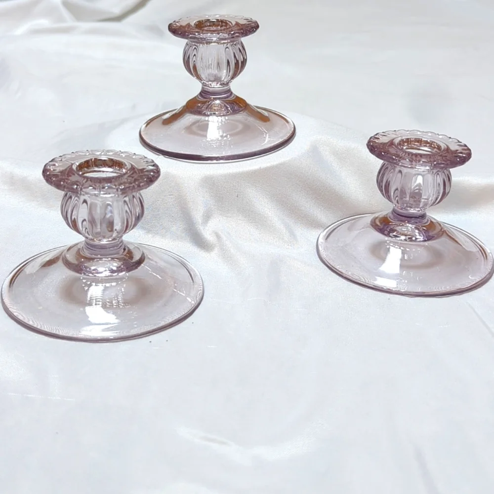 Set of 3 Pressed Glass Lavender Melon Tapered Candle Holders 3